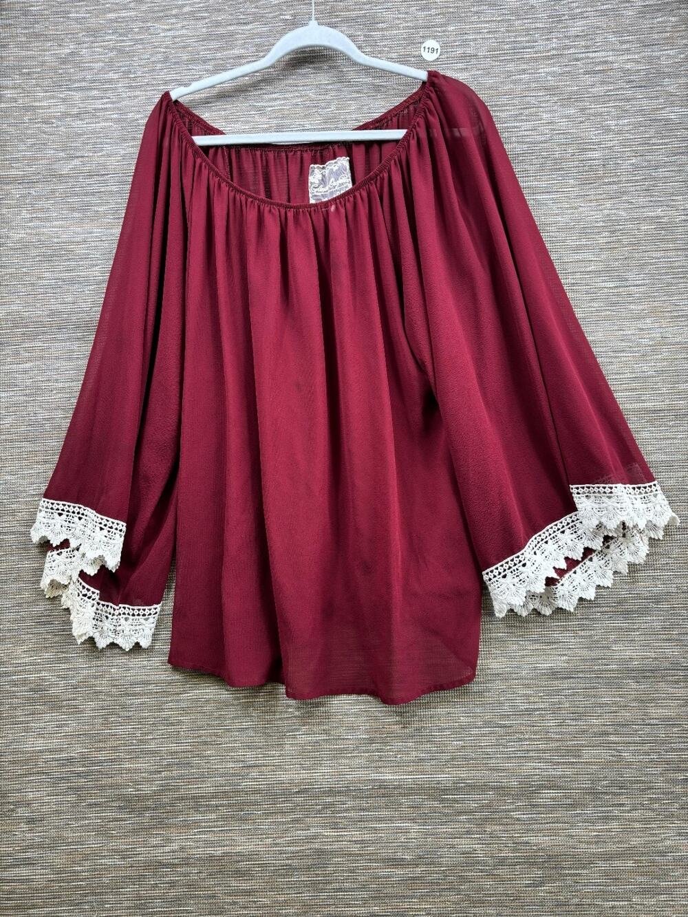 Collegiate Outfitters Blouse with Lace Accents Womens 3XL Burgundy 3/4 Sleeve
